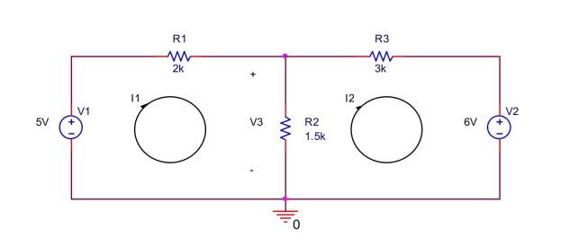 In the circuit shown below, (a) Write a mesh equation by summing the voltage drops around mesh 1 (left side). (b) Write a mesh equation by summing the voltage drops around mesh 2 (right side). (c) Solve the two equations to find I _ { 1 } and I _ { 2 } . (d) Find voltage V _ { 3 } across R _ { 2 } .