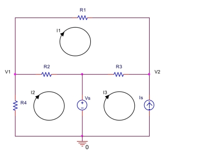 In the circuit shown below, let \mathrm { V } _ { \mathrm { s } } = 7 \mathrm {~V} , \mathrm { I } _ { \mathrm { s } } = 2 \mathrm {~mA} , \mathrm { R } _ { 1 } = 1 \mathrm { k } \Omega , \mathrm { R } _ { 2 } = 1.5 \mathrm { k } \Omega , \mathrm { R } _ { 3 } = 5 \mathrm { k } \Omega , \mathrm { R } _ { 4 } = 500 \Omega Use mesh analysis to find mesh currents I _ { 1 } , I _ { 2 } , and I _ { 3 } . Also, find V _ { 1 } and V _ { 2 } .
