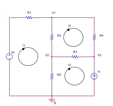 In the circuit shown below, let V _ { \mathrm { s } } = 5 \mathrm {~V} , \mathrm { I } _ { \mathrm { s } } = 2 \mathrm {~mA} , \mathrm { R } _ { 1 } = 1 \mathrm { k } \Omega , \mathrm { R } _ { 2 } = 400 \Omega , \mathrm { R } _ { 3 } = 1.5 \mathrm { k } \Omega , \mathrm { R } _ { 4 } = 2 \mathrm { k } \Omega , \mathrm { R } _ { 5 } = 500 \Omega Use mesh analysis to find mesh currents I _ { 1 } , I _ { 2 } , and I _ { 3 } . Also, find V _ { 1 } , V _ { 2 } , and V _ { 3 } .