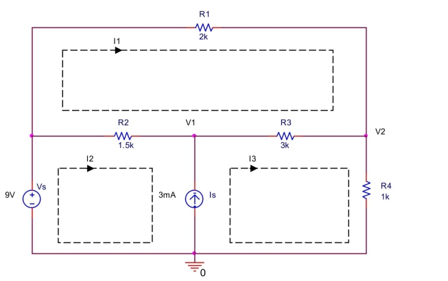 In the circuit shown below, (a) Write a mesh equation around mesh 1 by summing the voltage drops around mesh 1 . (b) Write a mesh equation around supermesh formed by meshes 2 and 3 by summing the voltage drops around supermesh. (c) Write a constraint equation expressing \mathrm { I } _ { \mathrm { s } } by \mathrm { I } _ { 2 } and \mathrm { I } _ { 3 } . (d) Find \mathrm { I } _ { 1 } , \mathrm { I } _ { 2 } , and \mathrm { I } _ { 3 } by solving the three equations. (e) Find the voltages V _ { 1 } , V _ { 2 } .