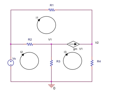 In the circuit shown below, let \mathrm { V } _ { \mathrm { s } } = 9 \mathrm {~V} , \mathrm { R } _ { 1 } = 1 \mathrm { k } \Omega , \mathrm { R } _ { 2 } = 400 \Omega , \mathrm { R } _ { 3 } = 500 \Omega , \mathrm { R } _ { 4 } = 1.2 \mathrm { k } \Omega , \mathrm { g } _ { \mathrm { m } } = 0.0004 Use mesh analysis to find mesh currents I _ { 1 } , I _ { 2 } , and I _ { 3 } . Also, find V _ { 1 } and V _ { 2 } .