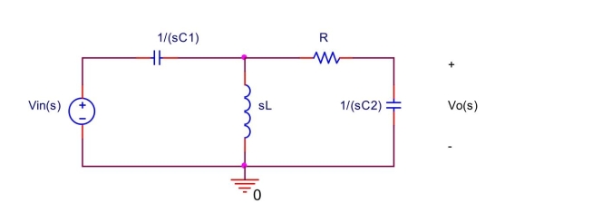  Assume  \mathrm { L } = 1 \mathrm { H } , \mathrm { C } _ { 1 } = 0.2 \mathrm {~F} , \mathrm { C } _ { 2 } = 0.5 \mathrm {~F} , \mathrm { R } = 1 \Omega  in the circuit shown below. Find the transfer function H(s) = Vo(s)/Vin(s).   