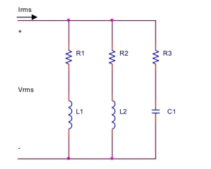 A load consists of a parallel connection of paths as shon below. \mathrm { R } _ { 1 } - \mathrm { L } _ { 1 } , \mathrm { R } _ { 2 } - \mathrm { L } _ { 2 } \text {, and } \mathrm { R } _ { 3 } - \mathrm { C } _ { 1 } Assume , \mathrm { R } _ { 1 } = 80 \Omega , \mathrm { R } _ { 2 } = 95 \Omega , \mathrm { R } _ { 3 } = 75 \Omega , \mathrm { L } _ { 1 } = 65 \mathrm { mH } , \mathrm { L } _ { 2 } = 85 \mathrm { mH } , \mathrm { C } _ { 1 } = 250 \mu \mathrm { F } , \left| \mathbf { I } _ { \mathrm { rms } } \right| = 20 \mathrm {~A} = 60 Hz. Find the complex power, average power, reactive power, apparent power, and power factor of each path. Also, find the complex power, average power, reactive power, apparent power, and power factor of the entire load.