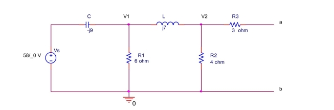 Find the Thévenin equivalent voltage and the Thévenin equivalent ipedance between the terminals a and b for the circuit shown below.