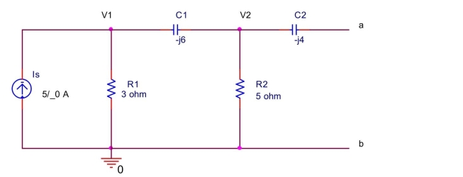 Find the Thévenin equivalent voltage and the Thévenin equivalent ipedance between the terminals a and b for the circuit shown below.