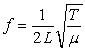 The fundamental frequency of a vibrating guitar string is modeled by the following equation:   where   vibration frequency in Hertz   length of string in meters   string tension in Newtons   string density What is the appropriate unit for   if the preceding equation is to be homogeneous in units?<div style=padding-top: 35px> 