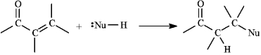 Instructions: \alpha , \beta -Unsaturated aldehydes and ketones can undergo reaction with nucleophiles at the \beta carbon, as shown below. Use this information to answer the following question(s). -Refer to instructions. Draw a resonance form for the unsaturated carbonyl that accounts for this reactivity.