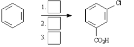 Instructions: Choose the best reagent(s) from the list provided below for carrying out the following conversions. Place the letter of the reagent in the box beside the reaction number over the arrow. There is only one answer for each reaction. a. KMnO<sub>4</sub>, H<sub>3</sub>O<sup>+</sup> b. Br<sub>2</sub>, FeBr<sub>3</sub> c. Cl<sub>2</sub>, FeCl<sub>3</sub> d. CH<sub>3</sub>Cl, AlCl<sub>3</sub> e. HNO<sub>3</sub>, H<sub>2</sub>SO<sub>4</sub> Choose the best reagents: