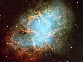 <strong>The image shows the Crab Nebula. The Crab Nebula is </strong> A) a planetary nebula. B) a name for the cloud of gas and dust which later became our solar system. C) an ejected cloud of gas from a supernova. D) in the constellation Orion, containing many bright young blue stars.