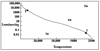 <strong>The diagram below is an H-R diagram. The line indicates the location of the main sequence. Which of the five labeled locations on the H-R diagram indicates a luminosity and temperature similar to that of a T Tauri star? </strong> A) 1 B) 2 C) 3 D) 4 E) 5