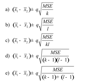 In a randomized block design having k treatments and l blocks, the Tukey-Kramer interval for comparing the means of treatments 1 and 2 is