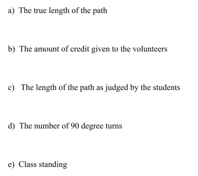 In a psychological study of distance perception, introductory psychology class volunteers were given 5, 10, or 15 extra credit points depending on their level of participation in the experiment.They walked along paths laid out along hallways in the psychology building, and were asked to judge the distance they had walked.Each path distance was between 100 and 200 feet in length, and contained from two to seven 90 degree turns.The investigators also kept track of class standing (freshman, sophomore, junior, or senior).For each of the variables in this study, determine whether it is categorical or numerical.For each numerical variable, determine whether it is discrete or continuous: