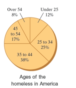 The circle graph shows a breakdown, according to age, of the homeless in America. Use the graph. What percent of the homeless population is under the age of 54?