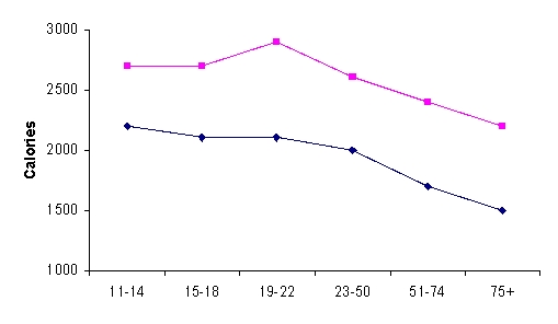 The double-broken-line graph below shows the number of Calories per day that should be consumed by women and men in various age groups. Men should consume more Calories than women. People of what age and gender have the highest recommended number of Calories?