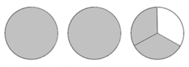 <strong>Express the shaded portion of the circles as an improper fraction. </strong> A) \frac { 2 } { 6 } B) \frac { 2 } { 3 } C) \frac { 3 } { 8 } D) \frac { 3 } { 2 } E) \frac { 8 } { 3 }