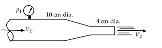 <strong> \text {If p _ { 1 } = 900 \mathrm { kPa }, the force of the water on the}\text { nozzle is nearest:} </strong> A) 6910 N B) 6470 N C) 5120 N D) 4920 N