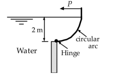 The force P needed to hold the 2-m-radius circular arc gate in the position shown is nearest:  