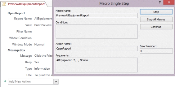 <strong> In the figure above, what is the name of the macro that is being single stepped?</strong> A) PreviewAllEquipmentReport B) PreviewReportsMacroGroup C) MsgBox D) OpenReport