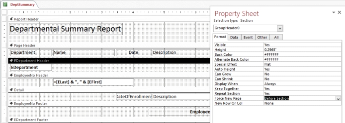 <strong> In the figure above, which property is being modified?</strong> A) Force New Page B) New Row or Col C) Department Header D) DeptSummary