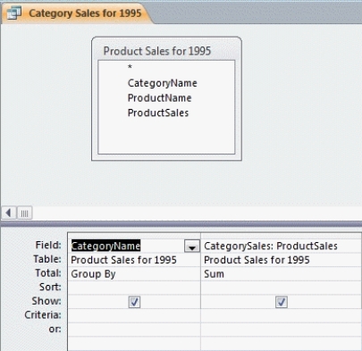 <strong> In the figure above, the values of which field are being totaled?</strong> A) CategoryName B) ProductName C) ProductSales D) Category Sales