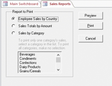 <strong> The Sales Reports form in the figure above is an example of which type of Access form?</strong> A) Dialog box B) Splash Screen C) Data Entry form D) Switchboard form