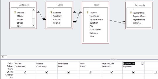 You want to add the PaymentDate field from the Payments table in the query shown in the accompanying figure. Describe how you can do this.
