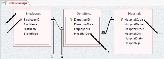 Using the accompanying figure, list three principles of relational database design. Use the specific table and field names in your explanation.