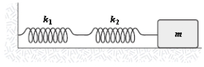 <strong>The mass in the figure below slides on a frictionless surface. When the mass is pulled out, spring 1 is stretched a distance x1 from its equilibrium position and spring 2 is stretched a distance x2. The spring constants are k1 and k2 respectively. The force pulling back on the mass is: </strong> A)(-k2x1.) B)(-k2x2.) C)(-(k1x1 + k2x2).) D) -\frac{k_{1}+k_{2}}{2}\left(x_{1}+x_{2}\right) . E) -\frac{k_{1}+k_{2}}{k_{1} k_{2}}\left(x_{1}+x_{2}\right) .