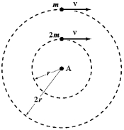 Two objects of mass m1 = 2m and m<sup>2</sup> = m move around a rotation axis A in parallel circles of radii r1 = r and r2 = 2r with equal tangential speeds. As they rotate, forces of equal magnitude are applied opposite to their velocities to stop them. Which statement is correct?  