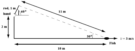 A 0.5 kg fish, hooked as shown below, starts to swim away at a speed of 3 m/s. The angular momentum of the fish relative to the hand holding the fishing rod is about: