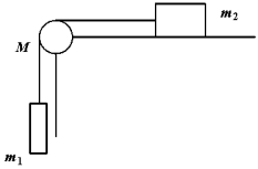 Refer to Exhibit 10-1 below.Exhibit 10-1 Two blocks of masses m1 and m<sup>2</sup> are connected by a light cord that passes over a pulley of mass M, as shown. Block m<sup>2</sup> slides on a frictionless horizontal surface. The blocks and pulley are initially at rest. When m1 is released, the blocks accelerate and the pulley rotates. The total angular momentum of the system of the two blocks and the pulley relative to the axis of rotation of the pulley is: