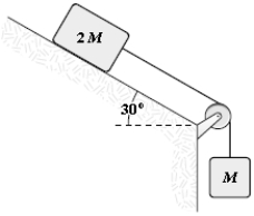 <strong>In the figure shown, the coefficient of kinetic friction between the block and the incline is 0.29. What is the magnitude of the acceleration of the suspended block as it falls? Disregard any pulley mass or friction in the pulley. </strong> A)5.4 m/s2 B)5.2 m/s2 C)4.9 m/s2 D)5.6 m/s2 E)7.9 m/s2