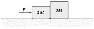 <strong>The coefficient of kinetic friction between the surface and the larger block is 0.25, and the coefficient of kinetic friction between the surface and the smaller block is 0.40. If F = 22 N and M = 1.0 kg in the figure, what is the magnitude of the acceleration of either block? </strong> A)1.8 m/s2 B)2.6 m/s2 C)1.4 m/s2 D)2.2 m/s2 E)3.7 m/s2