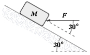 <strong>A block is pushed up a frictionless 30 \degree incline by an applied force as shown. If F = 25 N and M = 3.0 kg, what is the magnitude of the resulting acceleration of the block? </strong> A)2.3 m/s2 B)4.6 m/s2 C)3.5 m/s2 D)2.9 m/s2 E)5.1 m/s2