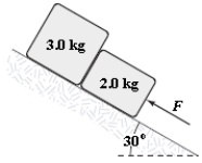 <strong>The surface of the inclined plane shown is frictionless. If F = 30 N, what is the magnitude of the force exerted on the 3.0-kg block by the 2.0-kg block? </strong> A)18 N B)27 N C)24 N D)21 N E)15 N