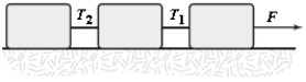 <strong>Three boxes slide on a frictionless horizontal surface when pulled by a force of magnitude F. When we compare the tensions T1 and T2 with the force F, we find that </strong> A)T1 = T2 = F. B)T1 = F > T2. C)F > T1 = T2. D)F > T1 > T2. E)F - T1 < T1 - T2.