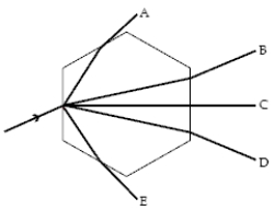 <strong>A light ray strikes a hexagonal ice crystal floating in the air at a 30 \degree angle to one face, as shown below.The hexagonal faces of the crystal are perpendicular to the plane of the page.All the rays shown are in the plane of the page, and nice = 1.30.Which outgoing ray is the correct one? </strong> A)A B)B C)C D)D E)E
