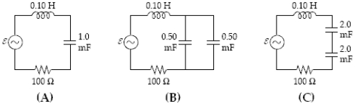 <strong>All three circuits shown below have R = 100 \Omega , L = 0.1 H and emf \varepsilon = (5.0 V) sin (377 t).Which statement regarding the angular resonance frequencies \omega A, \omega B and \omega C is correct? </strong> A) \omega C > \omega A = \omega B) B)( \omega C < \omega A = \omega B) C)( \omega A = \omega B = \omega C) D)( \omega B < \omega A = \omega C) E)( \omega B > \omega A = \omega C)
