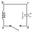<strong>A 10- \mu F capacitor in an LC circuit made entirely of superconducting materials (R = 0 \Omega ) is charged to 100 \mu C.Then a superconducting switch is closed.At t = 0 s, plate 1 is positively charged and plate 2 is negatively charged.At a later time, Vab = +10 V.At that time, Vdc is: </strong> A)0 V. B)3.54 V. C)5.0 V. D)7.07 V. E)10 V.