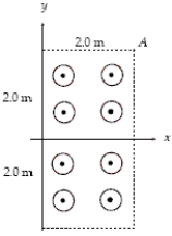<strong>The boundary shown is that of a uniform magnetic field directed in the positive z direction.An electron enters the magnetic field with a velocity pointing along the x axis and exits 0.63 \mu s later at point A.What is the magnitude of the magnetic field? </strong> A)18 \mu T B)14 \mu T C)28 \mu T D)34 \mu T E)227 \mu T