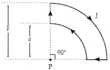 <strong>If a = 1.0 cm, b = 3.0 cm, and I = 30 A, what is the magnitude of the magnetic field at point P? </strong> A)0.62 mT B)0.59 mT C)0.35 mT D)0.31 mT E)0.10 mT