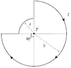 <strong>In the figure, if a = 2.0 cm, b = 4.0 cm, and I = 2.0 A, what is the magnitude of the magnetic field at point P? </strong> A)49 \mu T B)39 \mu T C)50 \mu T D)69 \mu T E)13 \mu T