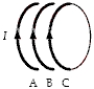 <strong>A solenoid consists of 100 circular turns of copper wire.Parts of 3 turns, A, B and C, are shown below. When a current flows through the coil,</strong> A)both A and C are repelled by B. B)A is attracted to B; C is repelled by B. C)neither A nor C is attracted to or repelled by B. D)A is repelled by B; C is attracted to B. E)both A and C are attracted to B.