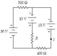 <strong>Determine the magnitude and sense (direction) of the current in the 500- \Omega resistor when I = 30 mA. </strong> A)56 mA left to right B)56 mA right to left C)48 mA left to right D)48 mA right to left E)26 mA left to right