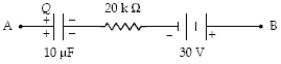 <strong>If Q = 400 \mu C and the potential difference VA - VB =-V in the circuit segment shown below, what is the current in the resistor? </strong> A)1.0 mA right to left B)1.0 mA left to right C)3.5 mA right to left D)3.5 mA left to right E)None of the above