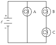 <strong>The circuit below contains three 100-W light bulbs.The emf \varepsilon = 110 V.Which light bulb(s) is(are) brightest? </strong> A)A B)B C)C D)B and C E)All three are equally bright.