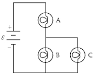 <strong>The circuit below contains three 100-watt light bulbs.The emf \varepsilon = 110 V.Which light bulb(s) is(are) the brightest? </strong> A)A B)B C)C D)B and C E)All three are equally bright.