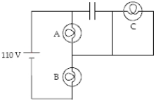 <strong>The circuit below contains 3100-W light bulbs and a capacitor.The emf is 110 V.Which light bulb(s) is(are) brightest? (Assume the capacitor is fully charged.) </strong> A)A B)B C)C D)A and B E)All three are equally bright.