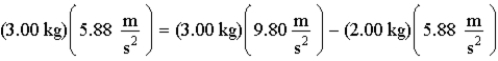 <strong>Given the equation , which answer provides the best description of a possible physical situation?</strong> A)A 3.00-kg mass is suspended from the ceiling. B)A 2.00-kg mass hanging over a pulley drags a 3.00-kg mass along a frictionless horizontal surface. C)A 3.00-kg mass hanging over a pulley drags a 2.00-kg mass along a frictionless horizontal surface. D)A 3.00-kg mass hanging over a pulley drags a 5.00-kg mass along a frictionless horizontal surface. E)A 5.00-kg mass hanging over a pulley drags a 3.00-kg mass along a frictionless horizontal surface.