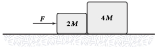 <strong>The horizontal surface on which the objects slide is frictionless. If M = 1.0 kg and the magnitude of the force of the small block on the large block is 5.2 N, determine F. </strong> A)6.0 N B)9.0 N C)7.8 N D)4.8 N E)4.1 N